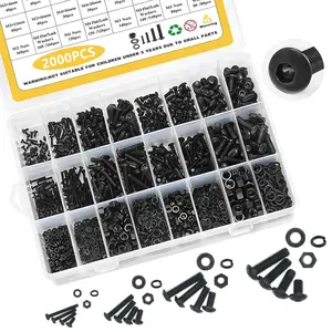 2000PCS Metric Bolt Kit M2 M3 M4 M5 Machine Screws, Hex Cap Screws with Lock & Flat Washers, Grade 10.9 Alloy Steel Hex Socket Button Head Black Screws Nuts and Bolts, Hardware for Machinery, Furniture, Automotive, Motorcycle Repairs
