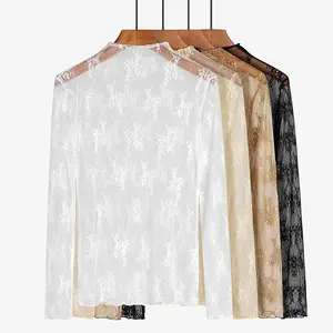 3PCS Black White Coffee Buauty Mesh Long Sleeve Top for Women, Lace Sheer Tops See Through Mock Neck Floral Embroidery Sheer Blouce Fishnet Shirt the rookie