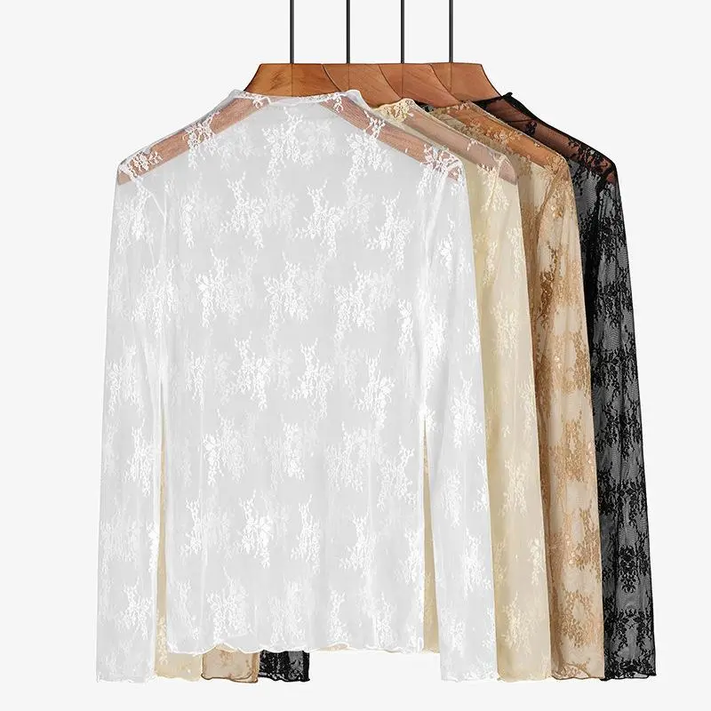 Women's Clothes Blouse for Lady 3-Pack, Floral Embroidery Sheer Lace Mesh Top, Long Sleeve Mock Neck