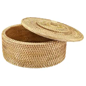 Round Wicker Storage Basket with Lid, Handwoven Rattan Decorative Organizer, Multifunctional Home Storage Basket for Living Room Bedroom Kitchen, Handmade Rattan Baskets