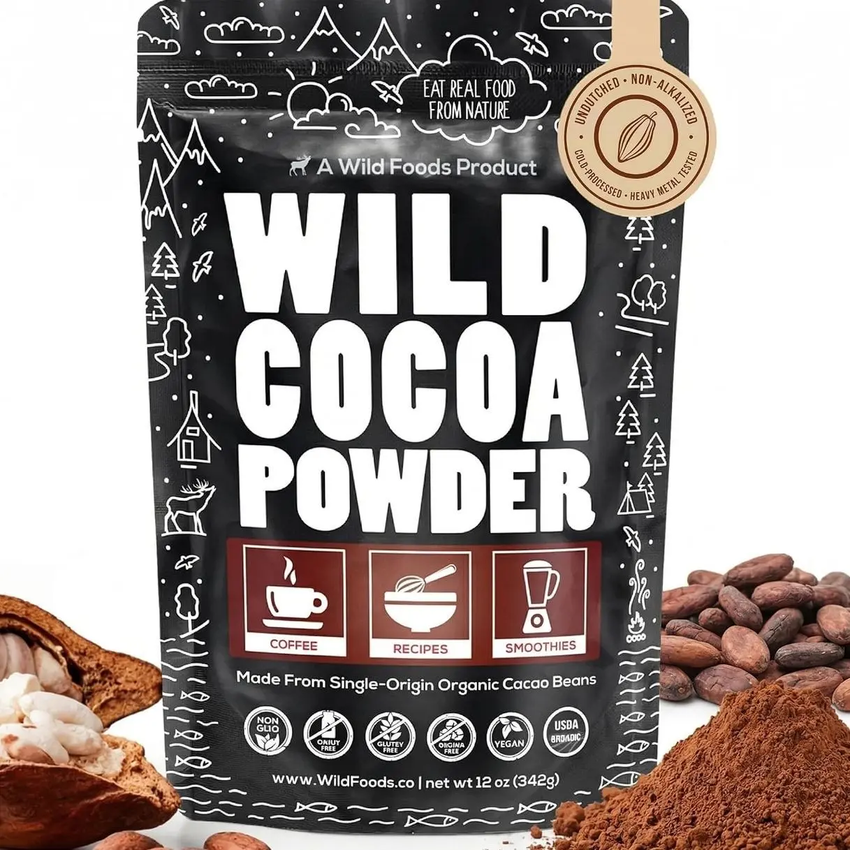 Wild Foods Organic Cocoa Powder | Single Origin Unsweetened Keto Chocolate Powder for Cooking & Baking | 100% Natural Cacao Beans | Sugar Free Non Dutch Raw Superfood | 12 oz