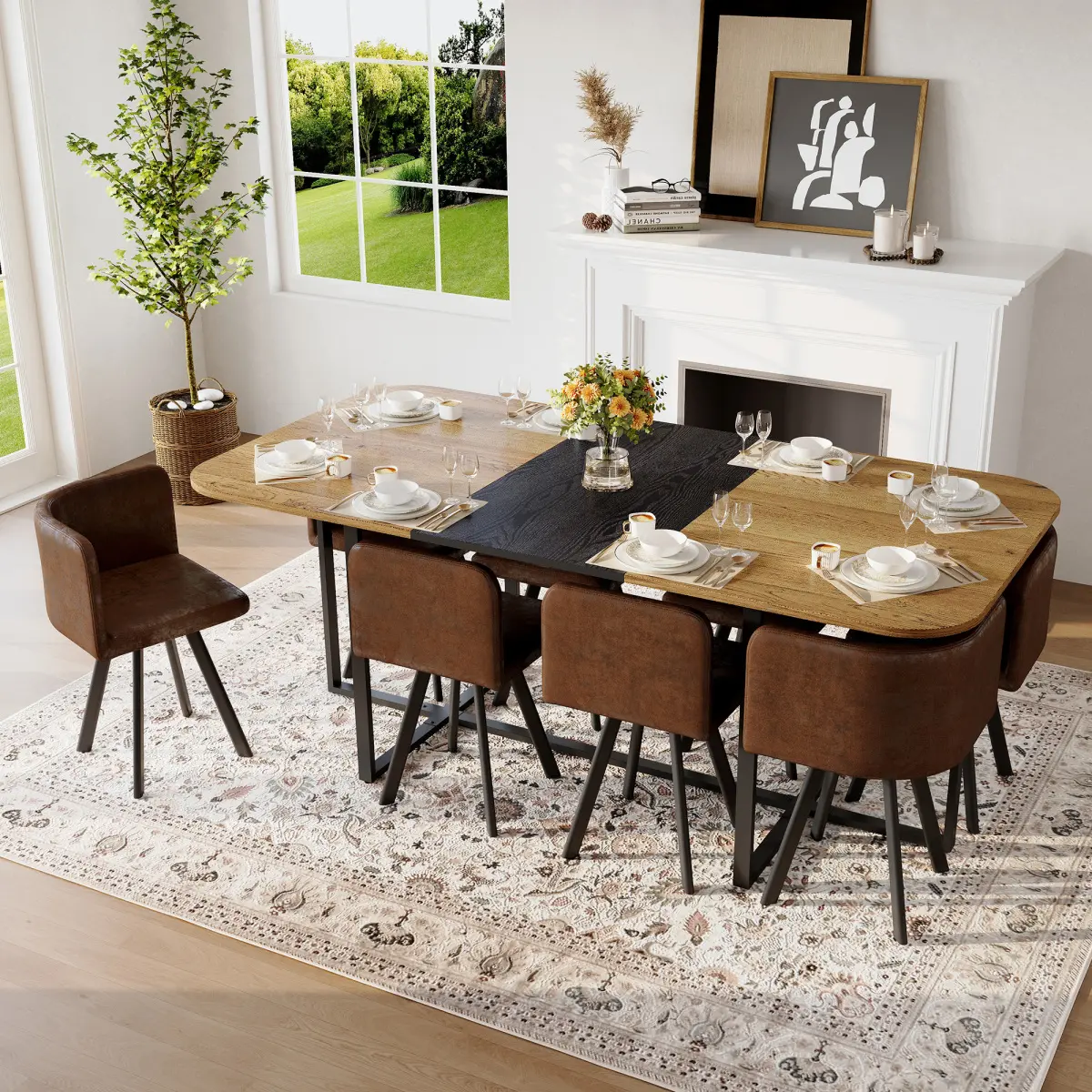 [Bellemave] 9-Piece Dining Table Set for 8| White Faux Marble & Wood Grain Triamine Tabletop| 1 Dining Table & 8 Chairs| Family Gatherings, Dining Room