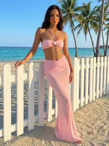 EDOLYNSA Bikini swimsuit set mesh skirt Women's beachwear halter swimwear vacation bathing suit cover up sexy seaside outfit Bikini outfits K193