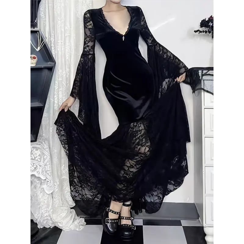 TikChic Closet Women's Gothic Dark Halloween Long-Sleeve Gown, Contrast Lace Velvet Patchwork Fabric, Sexy Niche Flared Sleeve Unique Design for Ladies, Gowns