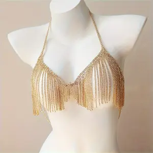 Elegant Golden Rhinestone Bikini Body Chain - Boho Chic Halter Neck Bra & High-Waisted Shorts Set, Perfect for Parties & Valentine's Day Gift, All-Season Wear, Party Accessory | Sophisticated Style | Sparkling Appearance