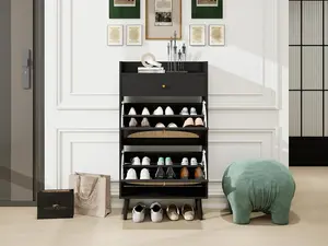 Slim Black Shoe Cabinet with 2 Flip Drawers & Natural Rattan Doors - Free Standing Entryway Storage for Heels, Slippers