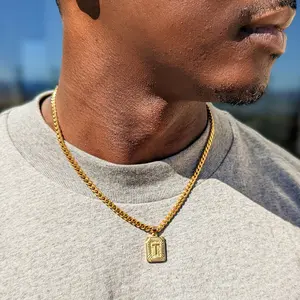 Jewelfairy Initial Letter Pendant Necklace for Men Womens, 18K Gold Plated Square Capital  A-Z Necklace 5mm Cuban Chain Necklace 18/20/22/24/26 Inch
