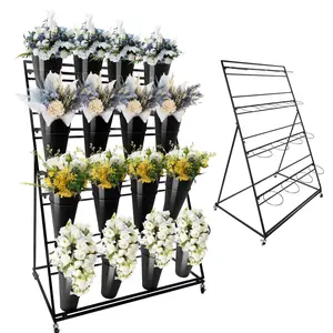4-Tier Flower Display Stand with 16 Buckets & Lockable Wheels, Wrought Iron Rolling Plant Cart Rack, Mobile Florist Shelf for Patio, Garden, Living Room & Outdoor Events (Black Frame + Black Buckets)
