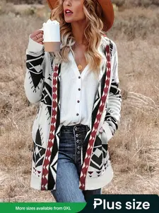 Boho Style Knitted Cardigan Coat, Knitwear, Geometric Pattern, Perfect for Autumn Winter Wear, Women's Fashion Outerwear
