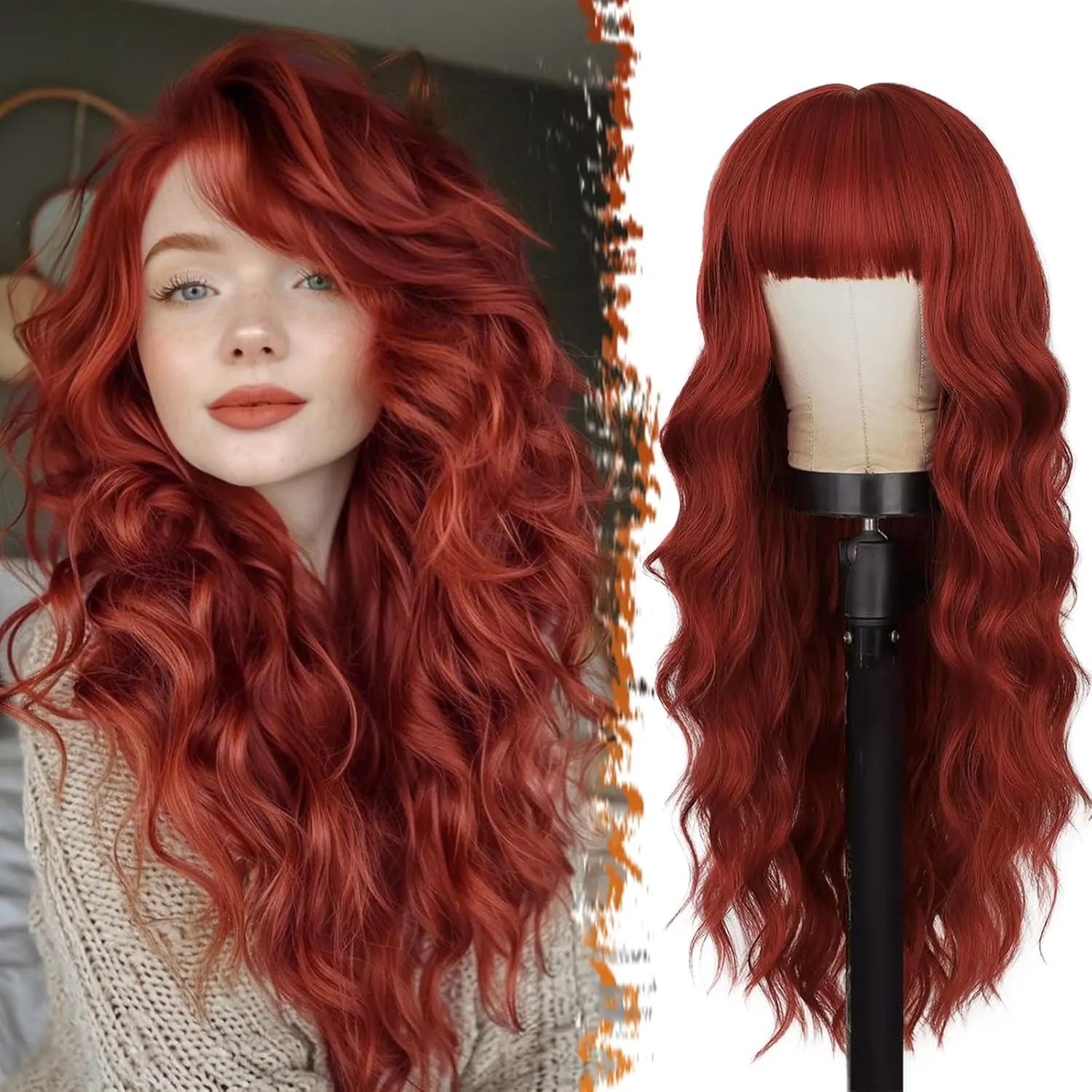 BARSDAR Long Wavy Copper Red Wig With Bangs - 26 Inch Long Wavy Copper Red Wig with Bangs for Women - Thick Soft Synthetic Hair Replacement Wigs Natural Looking Daily Cosplay Party Halloween