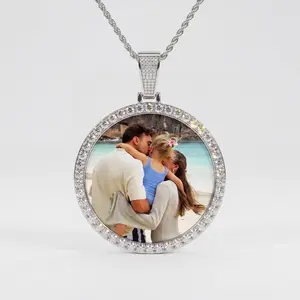 [ICE HUE] 18K Gold Vacuum Plated Copper Round Photo Pendant Necklace with 5A+ Sri Lanka Zircon, DIY Custom Memory, Unisex Jewelry, Womens Gifts, Birthday Gifts for GF, Jewellery for Daily Wear, Casual Fashion