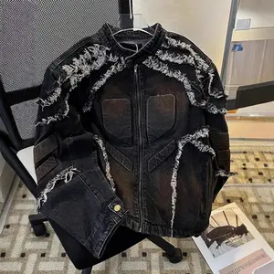 Men’s denim jacket, new Y2K style, padded shoulder, embossed texture, vintage American motorcycle design, high street collar, pullover casual coat for fall/winter