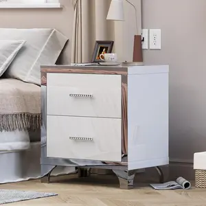 High Gloss Mirrored Nightstand with 2 Drawers, White Bedside Table, Modern Night Stand with Drawers for Bedroom Living Room (Long-Leg Style, White)
