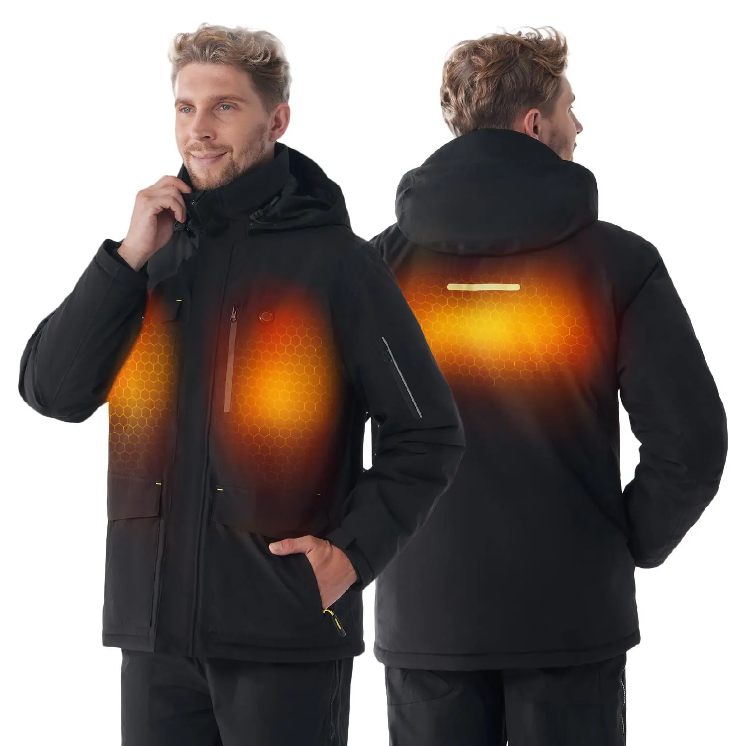 Men's Rain Shell Sports Jacket, Plain Long Sleeve Winter Coat with Self-Warming Tech, USB-C Power Bank Battery & 9 Pockets, Plain Menswear, Heated Jacket, Rain Shell Men's Sports Jacket