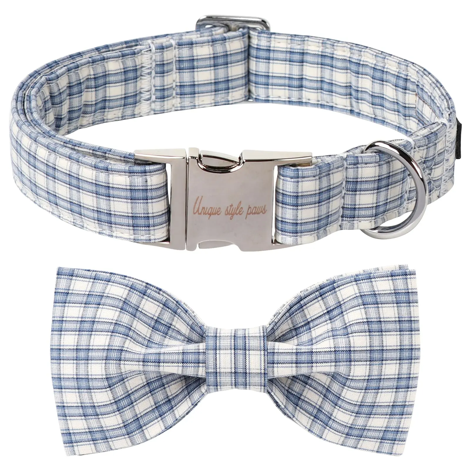 Plaid Soft Cotton Dog Collar - Blue Bow, Detachable Paws, Multi-Size Adjustable, Chew Resistant, Elastic Strap, Hand Wash Only, Non-Customized for Small to Large Dogs