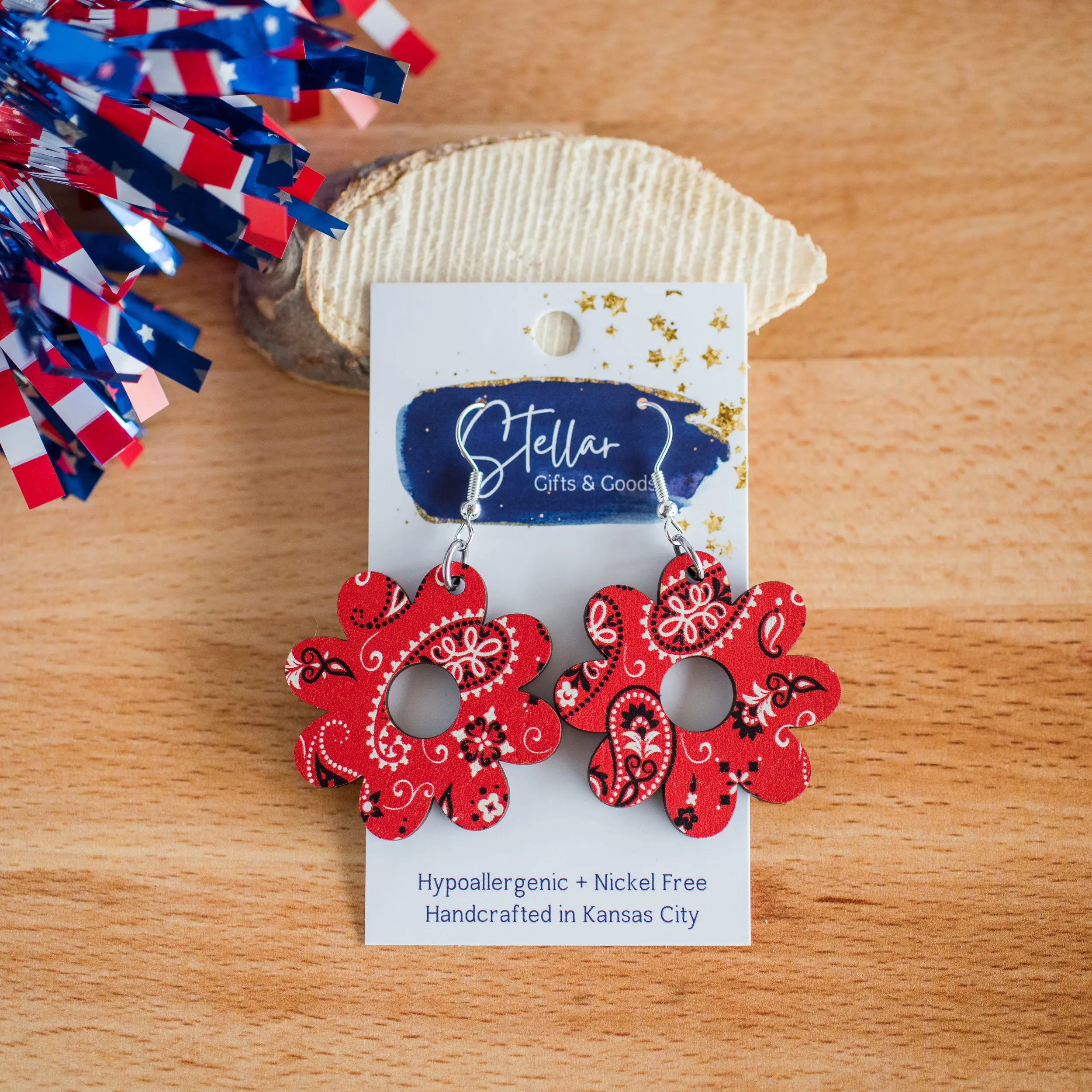 Americana Red Bandana Paisley Medium Daisy Dangle Earrings