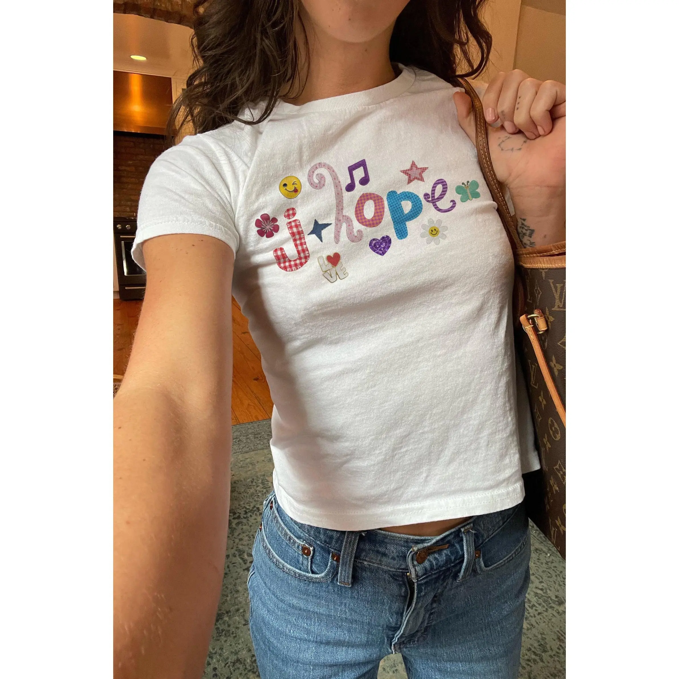 J-hope Patchwork Lettering Baby Tee, Arirang Tour Concert Merch, Kpop Army Fan OutfitJ
