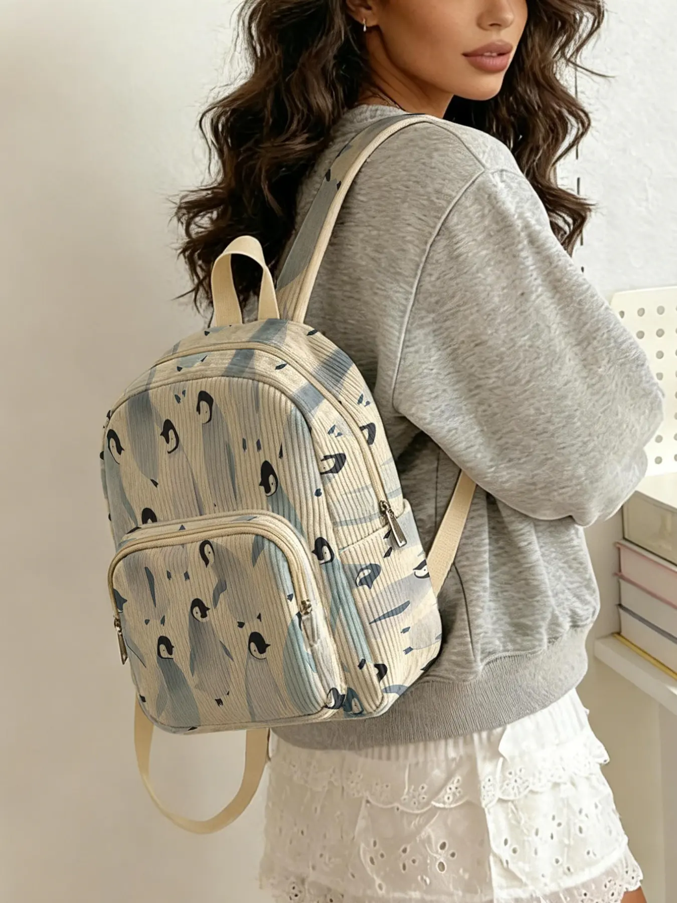 1 piece of penguin pattern 2D printed lady's backpack, corduroy texture + layered storage + light weight reduction, Lightweight Casual Daypack | perfect for students going to class/shopping/short trips | atmosphere and practicality combined