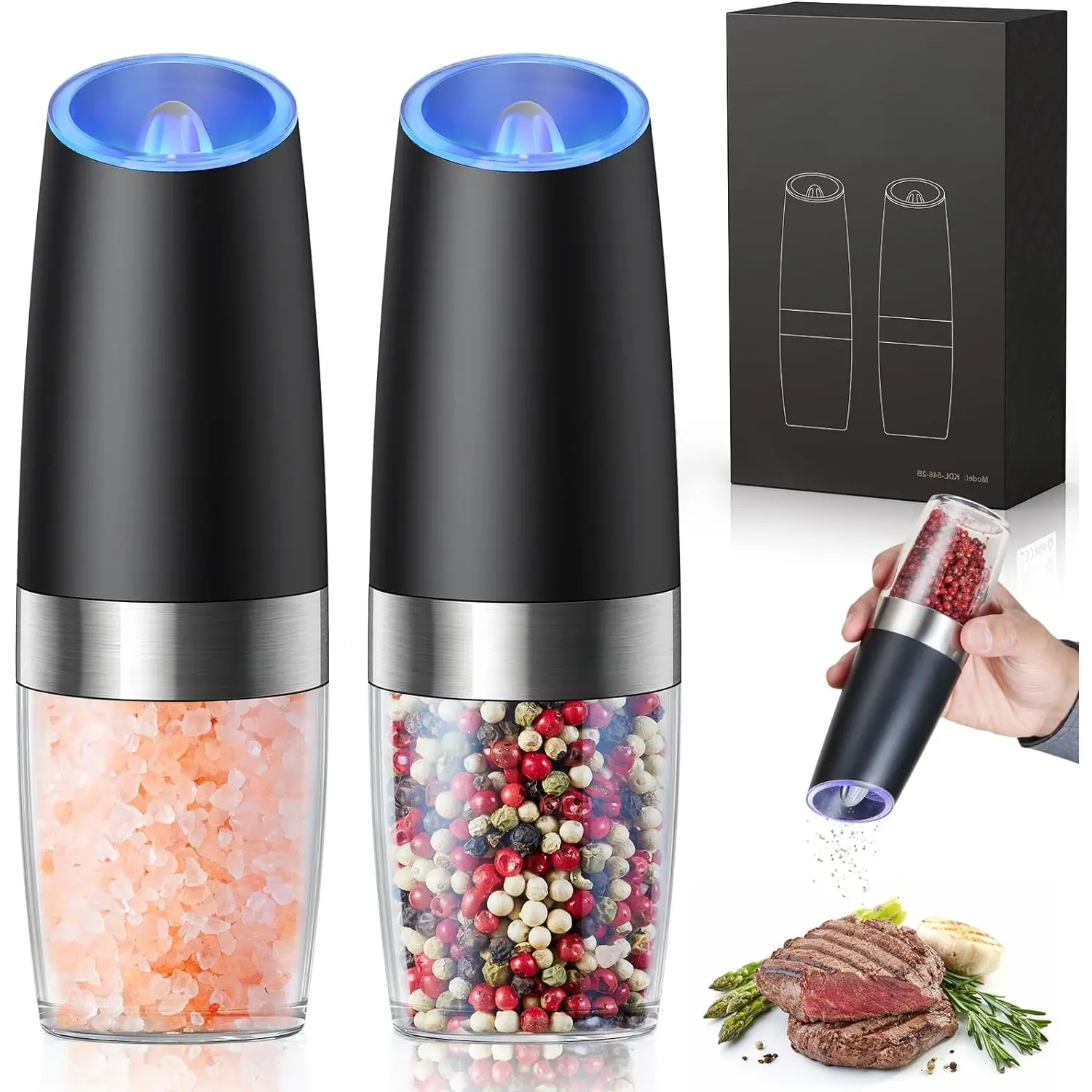 Gravity electric salt and pepper grinder, automatic pepper grinder vibration grinder, upgraded battery power, adjustable roughness with LED, one handed operation, Stock Up Value Pack Christmas Gift Cookware Sets Kitchen Gadgets Utensils