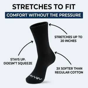 Araam ComfortFlex Crew Socks | Extra-Stretch Cotton – Non-Binding, Seamless Toe, Soft Breathable Fabric, All-Day Comfort for Sensitive & Swollen Feet Fit White