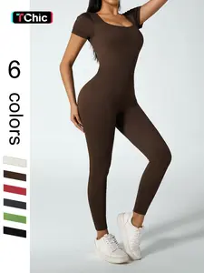 Women Yoga Jumpsuits Workout Ribbed Square Neck Short Sleeve Sport Jumpsuits Sporty Jumpsuit