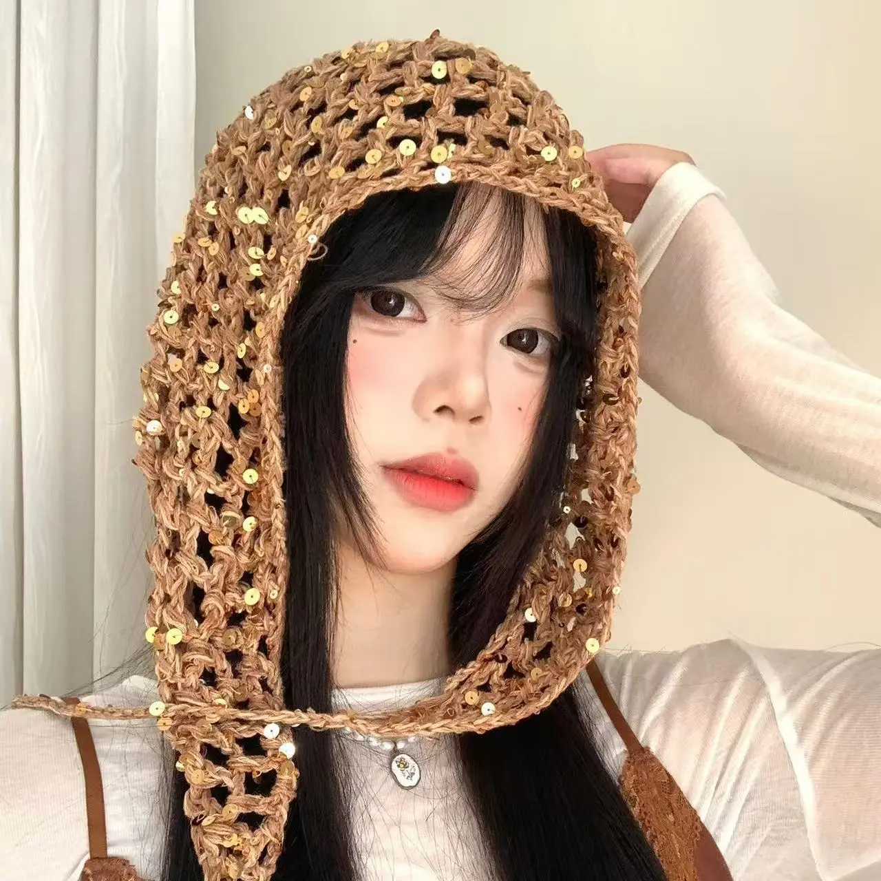 French-style vintage knitted sequin hollow triangle scarf headscarf ethnic style women's travel cute handmade crochet headband