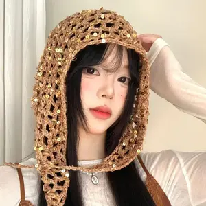 French-style vintage knitted sequin hollow triangle scarf headscarf ethnic style women's travel cute handmade crochet headband
