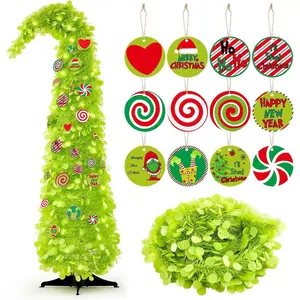 Syhood Whimsical Christmas Tree 5ft Bendable Pop up Collapsible 1 Minute Christmas Tree with 36 Wooden Ornaments for Indoor Outdoor Home Office Holiday Xmas Party Decor Supply