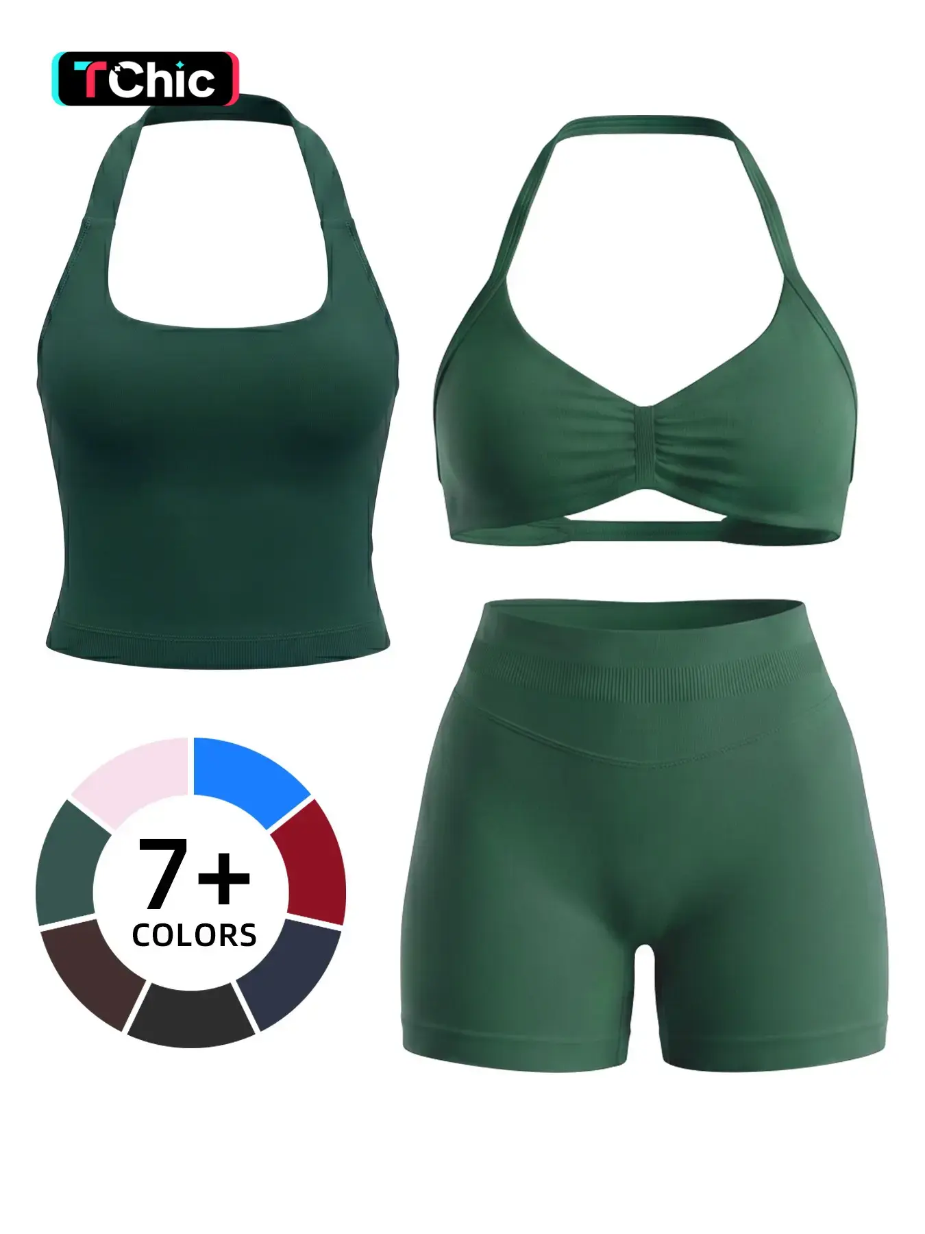 Women's Seamless Sport Set, 3-Piece, Elastic Comfort, Gym Clothes Workout, Sports Bra, Backless Halter Top, High-Waisted Shorts, Plain Design, All Seasons, Seamless Sportswear, Seamless Gym Set, Seamless Workout Sets