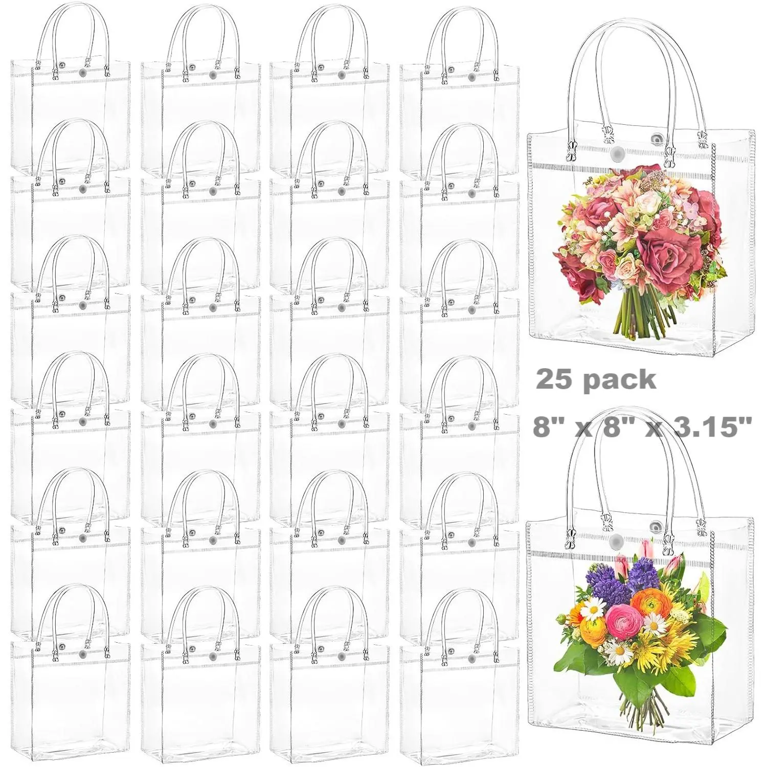 25 Pack 8 x3.1 x8  Clear Gift Bags Square Transparent PVC with Handles Waterproof for Perfume Bakery Presents Birthday Party Favor