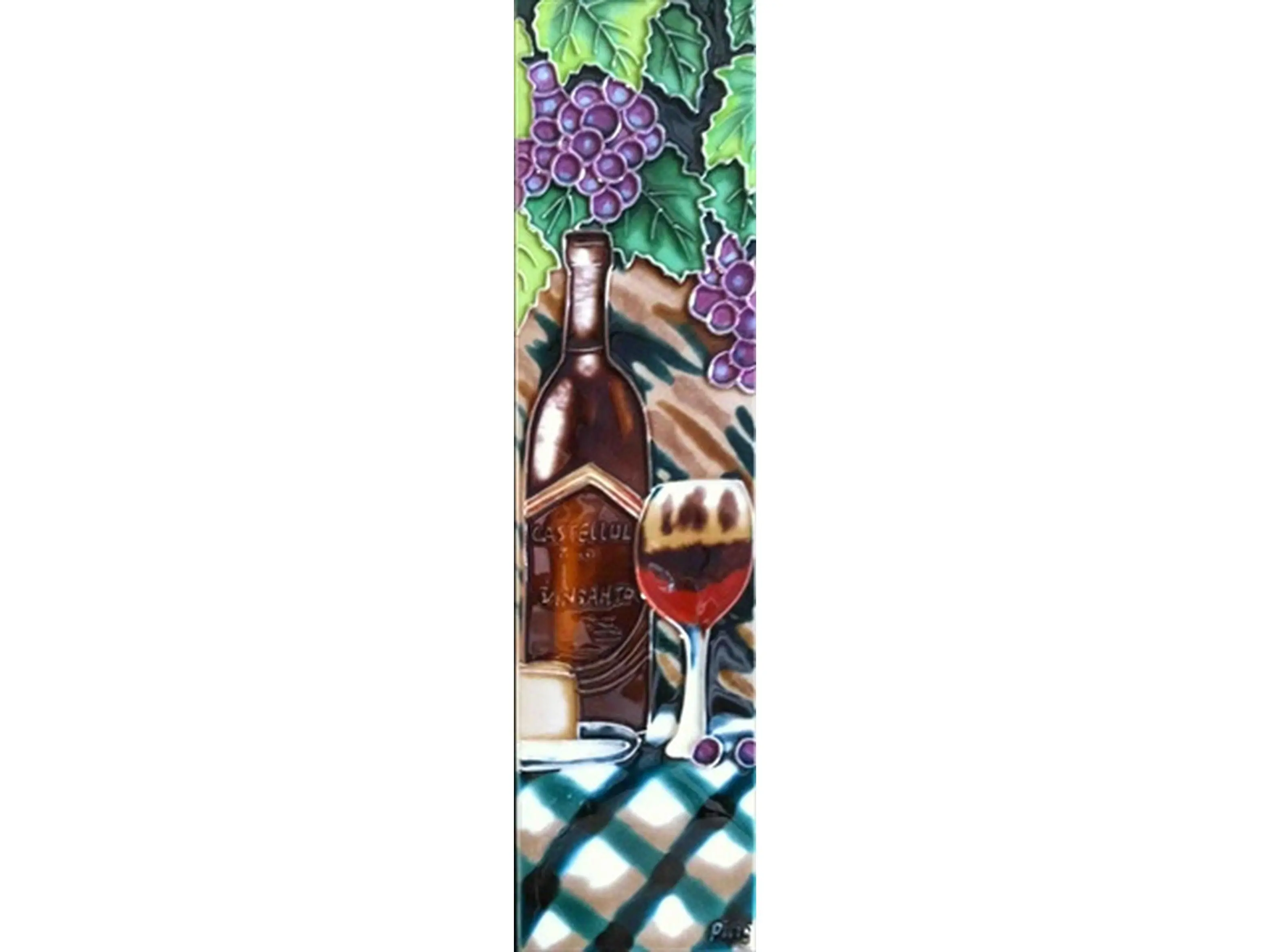 Continental Art Center MD-026 Handmade Decorative Ceramic Art Tile, 4x16 in Wine with Blue Table Cloth-Right Design, Backsplash Kitchen Tile, Indoor/Outdoor Use, Exclusive, Easy to Clean, Hot Plate Compatible