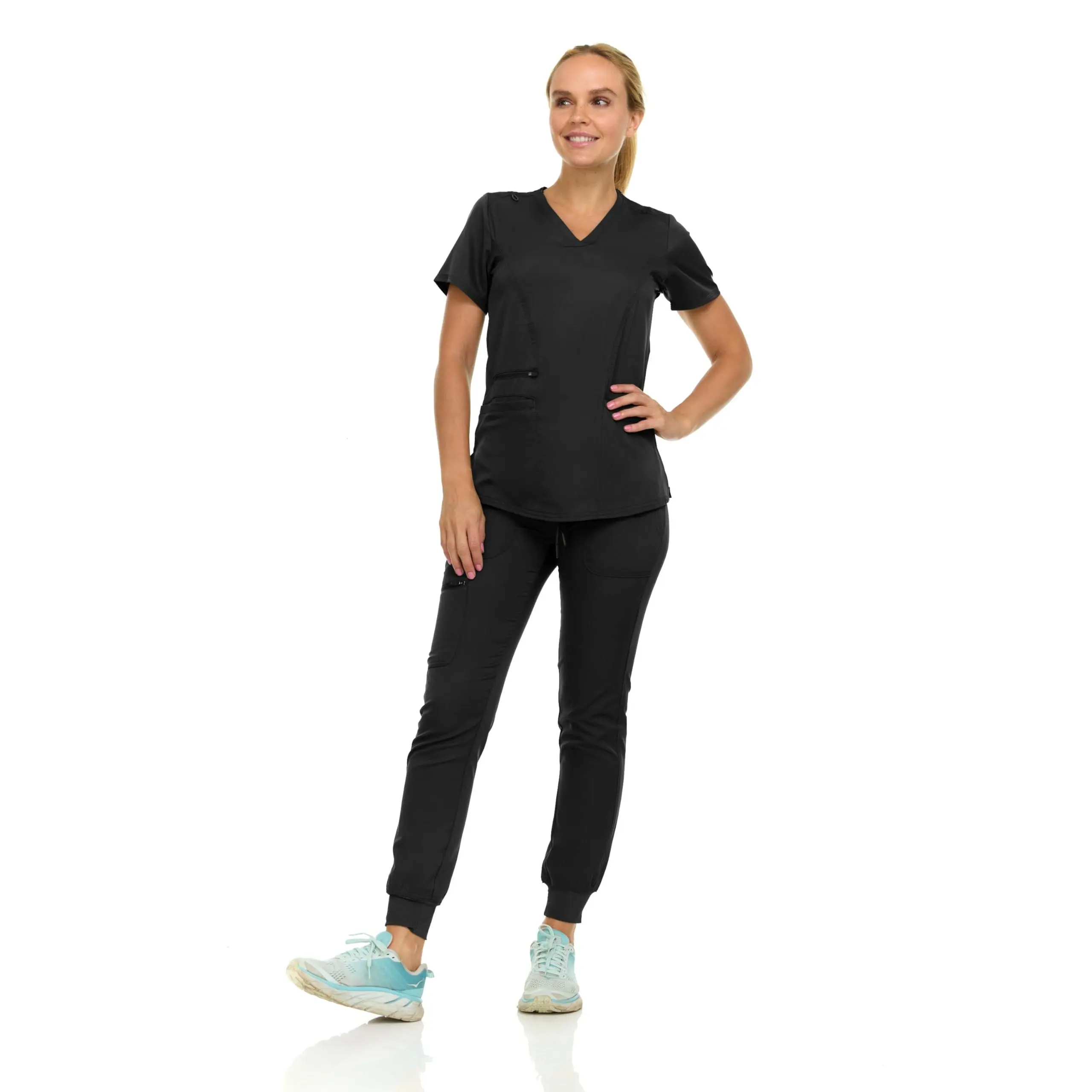 MediChic Scrubs for Women's V-Neck Scrub Set with Six Pocket Ribbed Cargo Jogger Pants with 4-Way Stretch