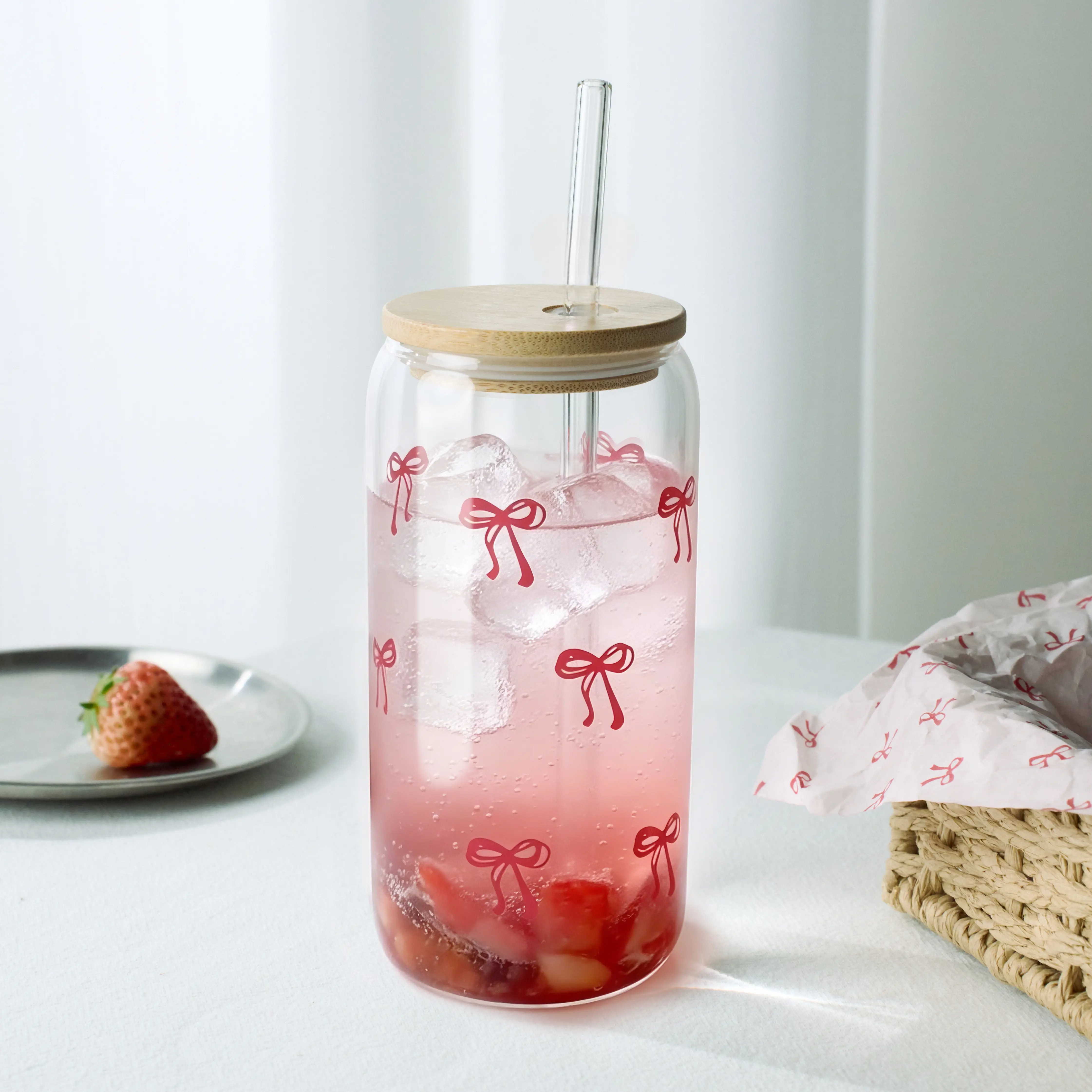 Coquette Pink Girly Preppy Iced Coffee Cup w/ Lids and Straws, Aesthetic Bow Glass Cups, Cute  Drinking Glasses Gifts for 16oz Bow Plastic Cup with Lid and Straw, Vintage Portable Travel Mug, Reusable Water Bottle for Coffee Juice Soda, Perfect Gift