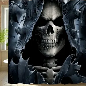 Halloween Gothic Style Shower Curtain with Scary Skull Pattern, waterproof, wear-resistant, easy to clean, machine washable, available in multiple sizes, perfect for bathroom decoration, partitions, beautifying the space, includes shower curtain hooks.
