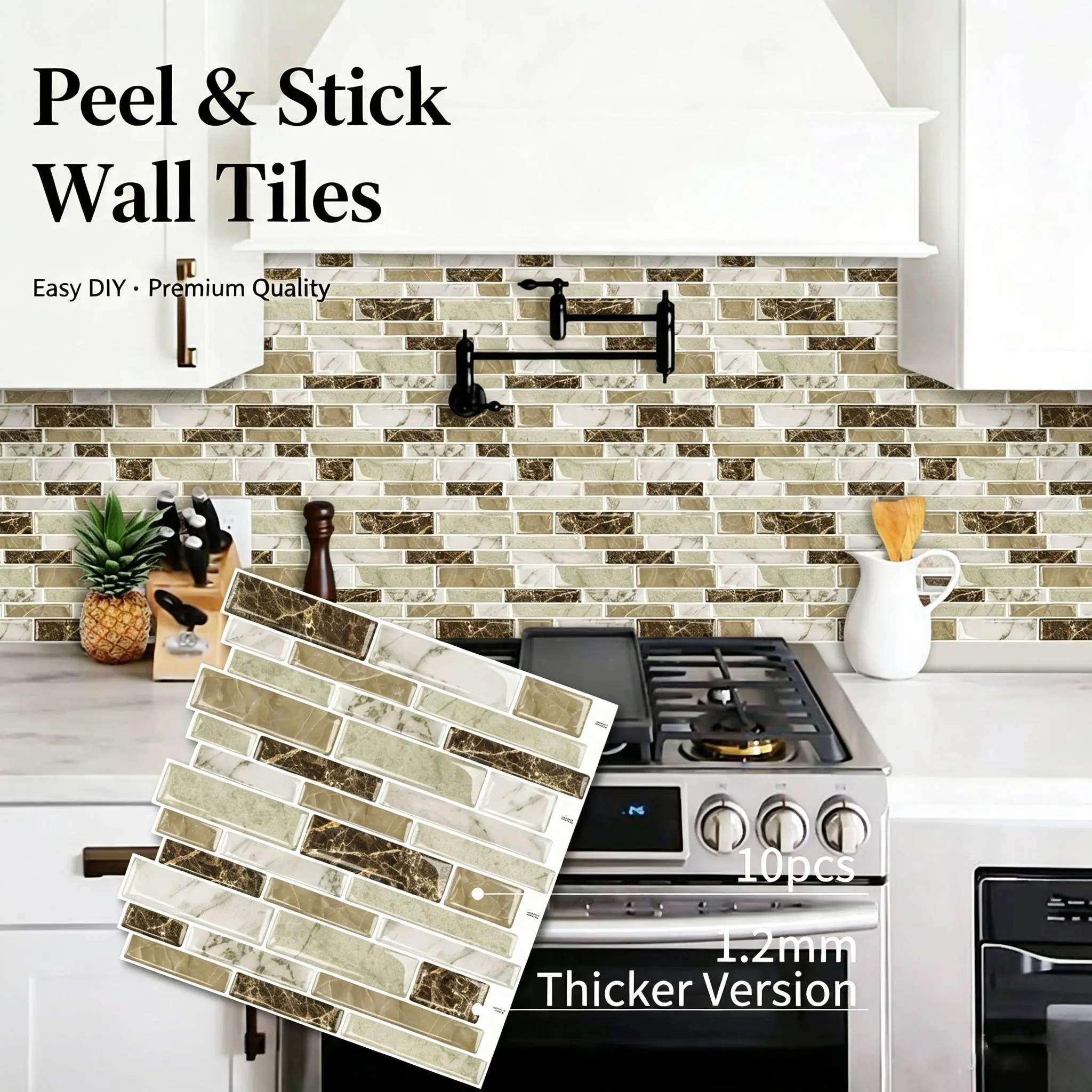 MOONFUN 10-Pack 12x12 in Peel and Stick Backsplash Tiles, 3D Faux Marble Vinyl Wall Panels 3D Sticker, Waterproof, Heat-Resistant, Mildew-Proof Removable Renter-Friendly for Kitchen & Bathroom DIY Renovation