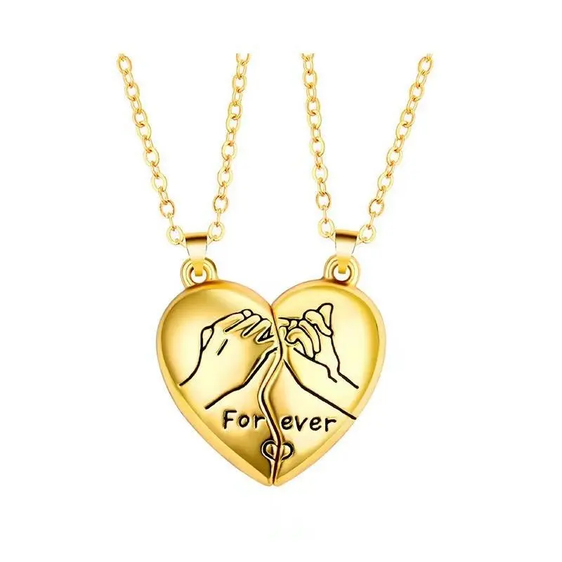 Couple Heart-Shape Copper Pendant Clavicle Chain Set with Magnetic Puller, Unisex Jewelry for Birthday Gifts