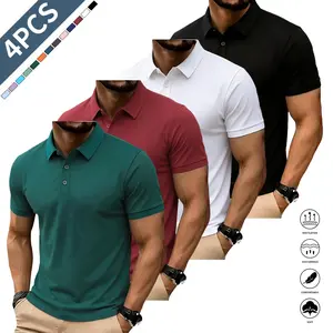 TOOTD Collection – 4 Pieces – Loose Fit – Men’s Casual Polo Shirt – Stretch Fabric | 200+ GSM | Elastic Cuffs, Solid Color Basic, Men’s Bowling/Golf Clothing, Suitable for Everyday Wear, Summer Business Style