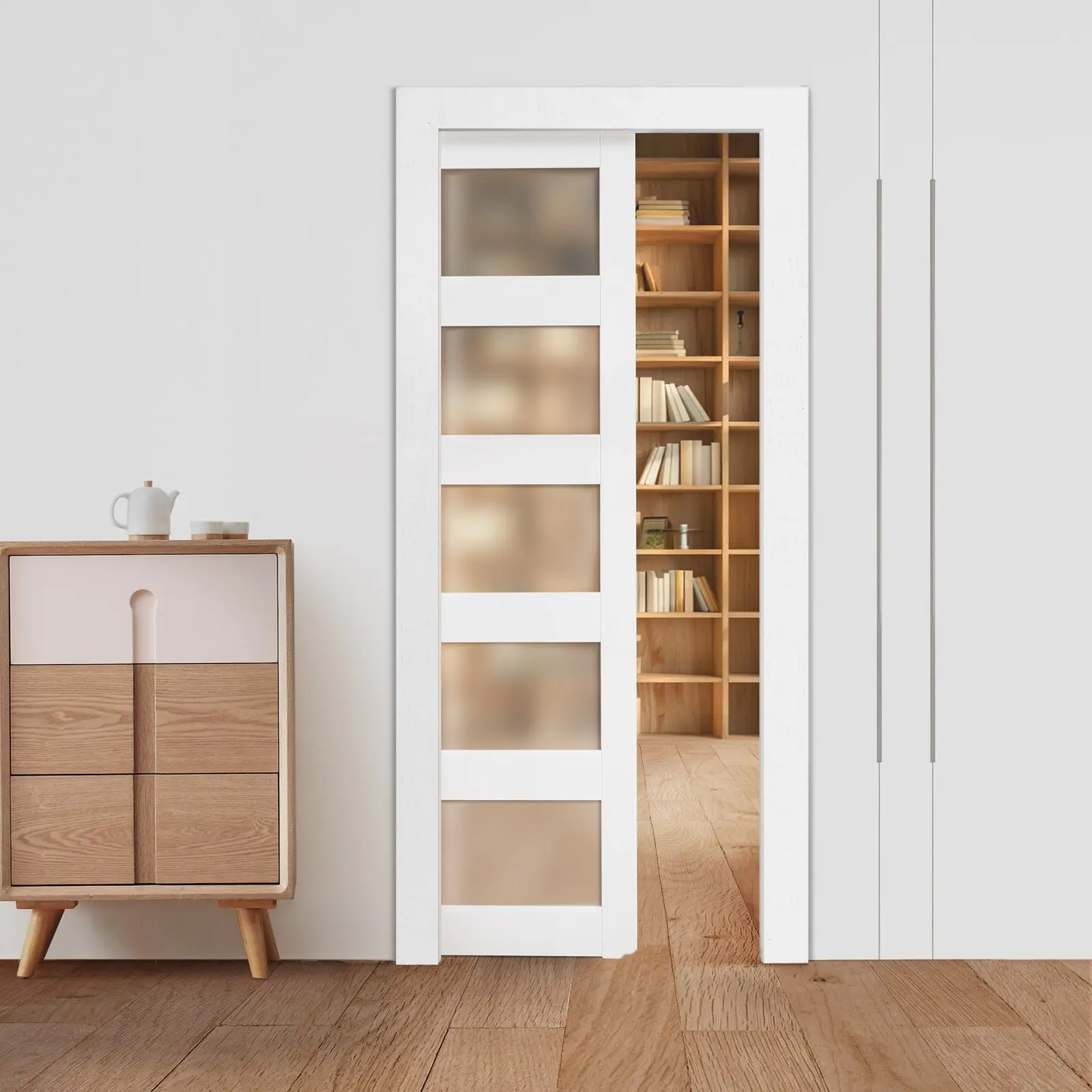 Sliding Pocket Door 36 By 80 Inches, 5-Lite Frosted Glass Panels, Single Sliding Interior Door For Home Or Office, Modern Space-Saving Design, Smooth Quiet Track System, Easy Installation And Durable Construction