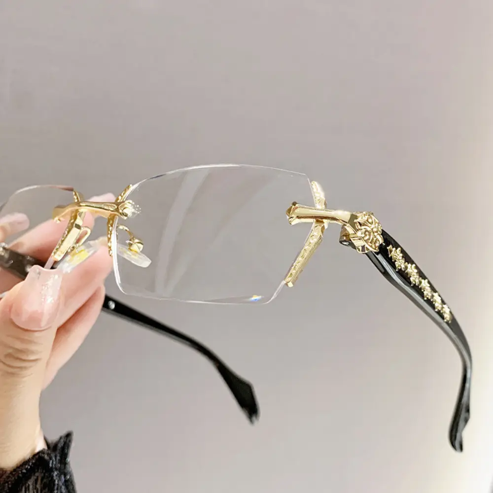 Chrome Frame Rimless Glasses Unisex- Stylish Anti-Blue Light and Anti-Dust Eyewear, Unisex Fashion Accessories Clear Durable Diamond Cut Edge Presbyopic Eyeglasses Anti-fatigue Eyewear Blocking Blue Light Classic Black Trendy