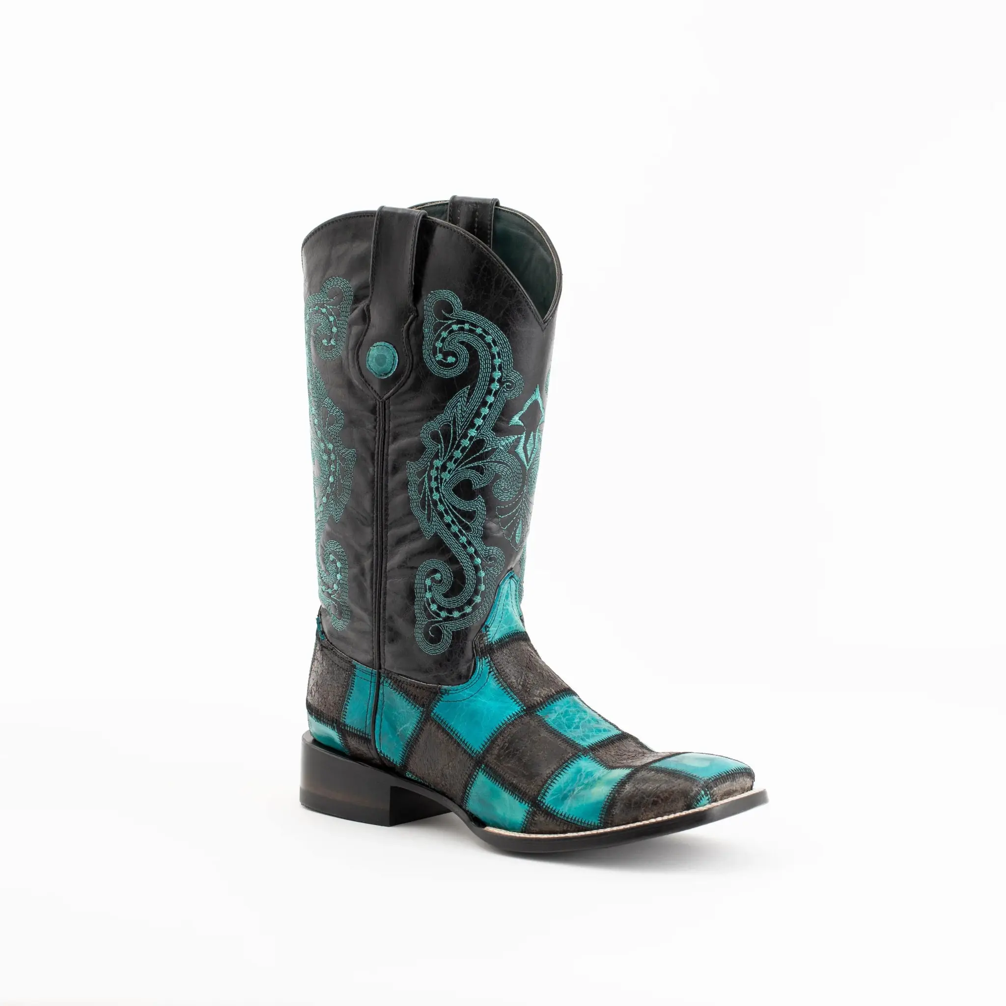 Women's Ferrini Leather Western Boots - 12 in Classic Patchwork Design, Black & Teal, Square Toe, Decor-Enhanced Stylish Footwear, Block Heel, 1.5" Heel, Distressed Leather, Hand Sewn, Durable Leather Outsole