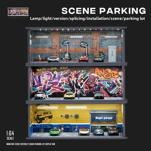 1:64 Miniature Parking Garage Model Display Shelf with LED Lights PVC Assembly Scene Parking Lot Diorama for Model Cars RC Cars Diecast Car Collection Desk Decor Home Room Display Atmosphere Stand Gift