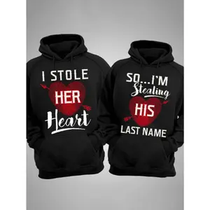 Valentine'S Day Couple Outfit Limited Edition I STOLE HER HEART Printed Couple Hoodie with Kangaroo Pocket And Plush Casual Long Sleeved Hooded Sweatshirt, Suitable for Outdoor Use