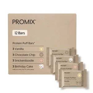 Promix Plant Protein Puff Bars – 11g Vegan Protein 6g Sugar – Crispy & Chewy Snack – Variety Pack – 12 Bars
