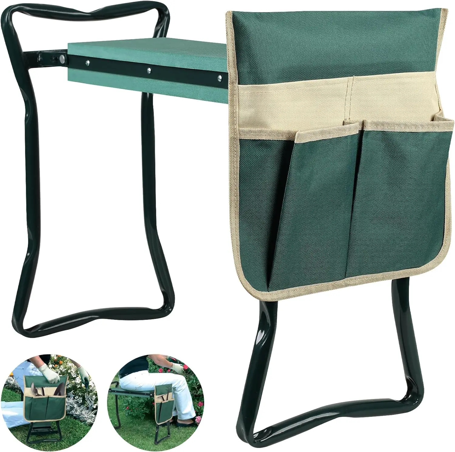 Green Heavy-Duty Garden Kneeler and Seat Stool (6.3" Width) with Extra Kneeling Pad, 1 Tool Pouch, Accessories, Ideal Gift for Women Seniors Tool Kit