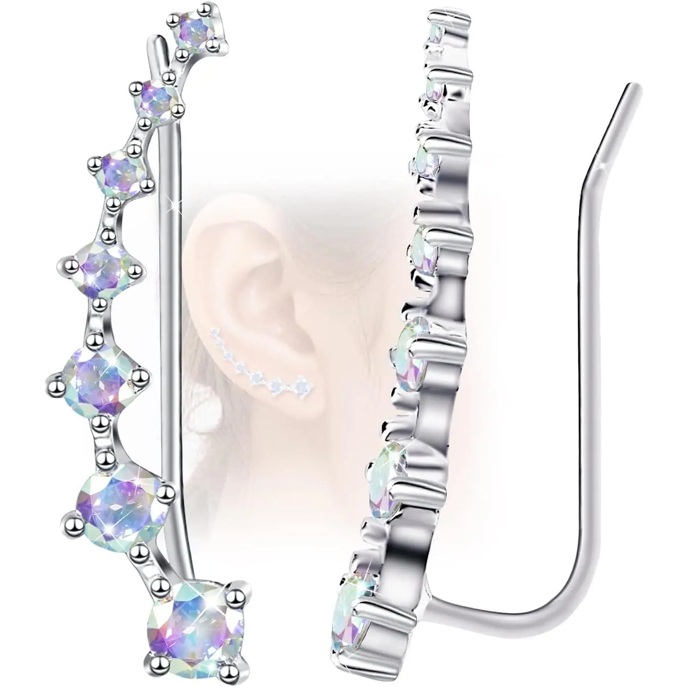 Sterling Silver Climber Earrings for Women, 7-Crystal Cubic Zirconia Ear Cuffs, Hypoallergenic Cartilage Jewelry, Birthday Mother's Day Gift, Thanksgiving, Adults, Elegant, Female, Sparkle, Nickel-Free