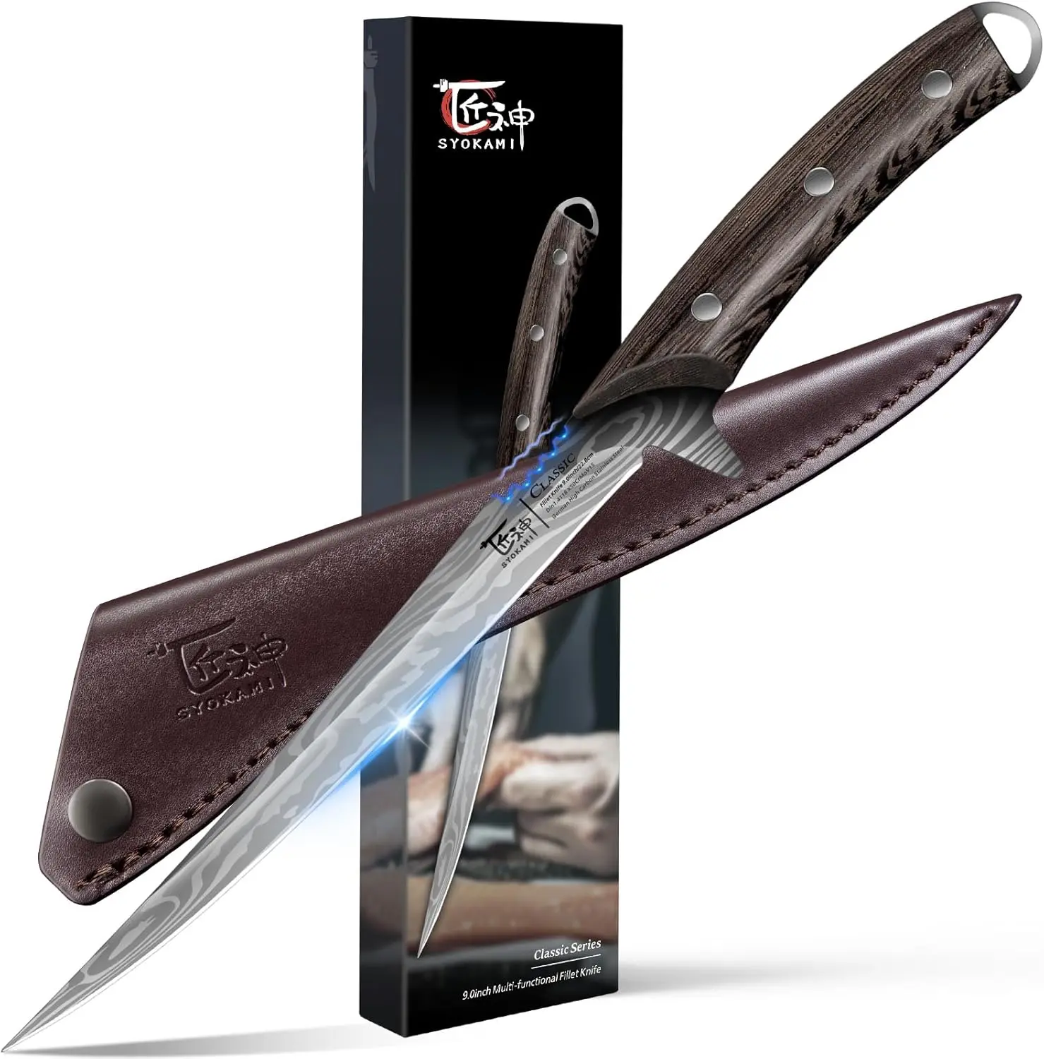 【DealsForYouDays】 SYOKAMI Fillet Knife, 9 Inch Boning Knife with Leather Sheath, Sharp Filet Knives for Fish and Meat, Non-slip Wooden Handle, Professional Japanese Knives For Fishing and Hunting, Outdoor Kitchen Gift for Mother's Day