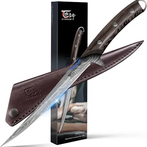 #sohochic SYOKAMI Fillet Knife, 9 Inch Boning Knife with Leather Sheath, Sharp Filet Knives for Fish and Meat, Non-slip Wooden Handle, Professional Japanese Knives For Fishing and Hunting, Outdoor Kitchen Gift for Mother's Day
