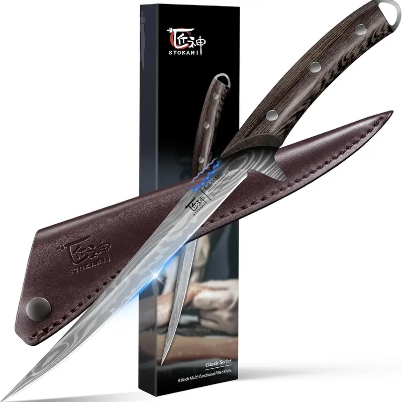 #sohochic SYOKAMI Fillet Knife, 9 Inch Boning Knife with Leather Sheath, Sharp Filet Knives for Fish and Meat, Non-slip Wooden Handle, Professional Japanese Knives For Fishing and Hunting, Outdoor Kitchen Gift for Mother's Day