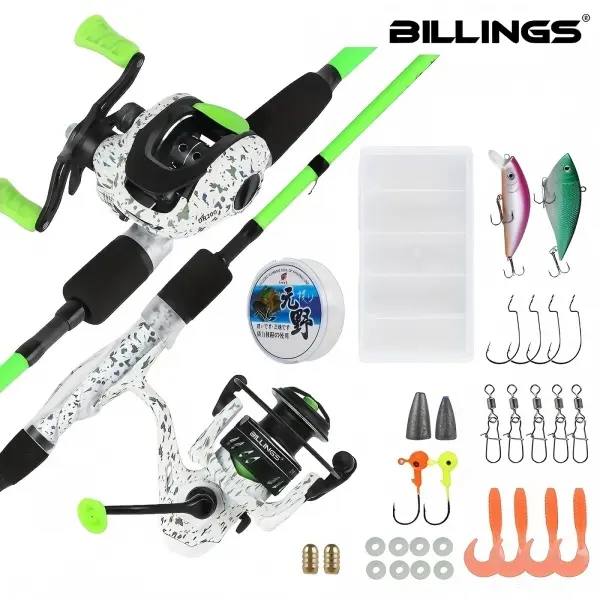 BILLINGS Fishing Rod and Reel Combo, 4-Piece 7ft Carbon Fiber Spinning/Casting Rod, ML Power, 5.2:1/6.3:1 Gear Ratio Reel with 4+1BB, 100M Line & Baits for Freshwater & Saltwater