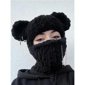 Women's Street Style Braided Design Bear Ear Decor Winter Hat, Casual Fitted Hat, Trendy Knitted Balaclava Hat for Fall & Winter, Fashion Accessories for Women & Girls, Gift Ideas for Women